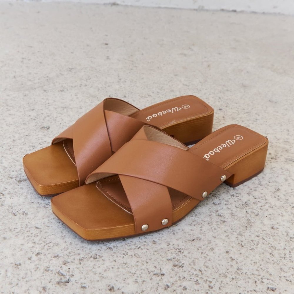 Criss Cross Wooden Clog Mule in Brown